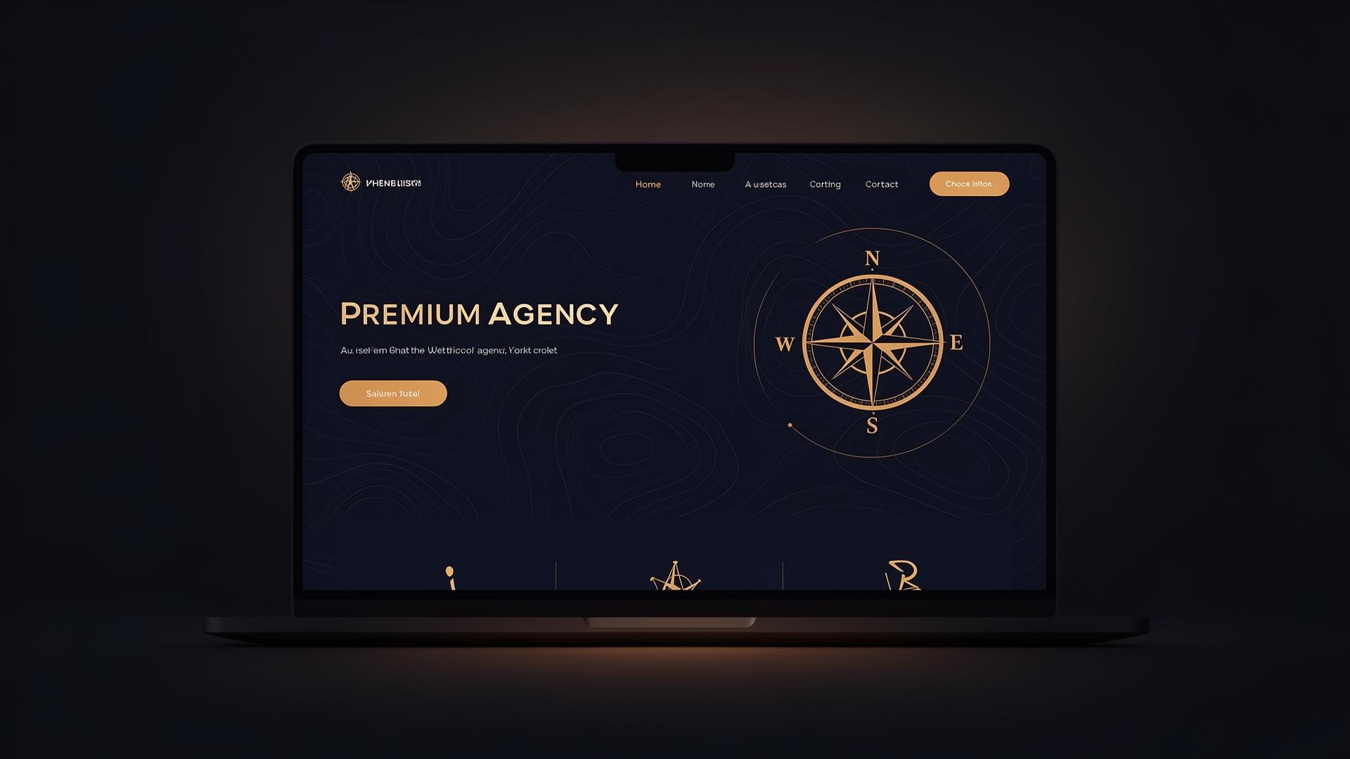 Premium dark agency dashboard mockup with gold compass motif
